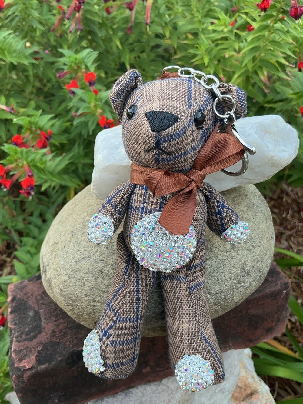 Little Plaid Bear Bag Charm Ornament with Bling Belly Paws